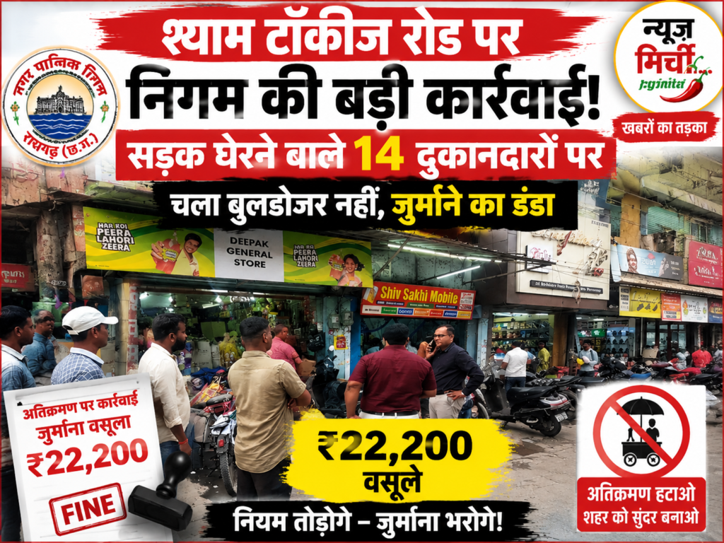 श्याम टॉकीज रोड पर निगम की बड़ी कार्रवाई: सड़क घेरने वाले 14 दुकानदारों पर चला”जुर्माने का डंडा!!